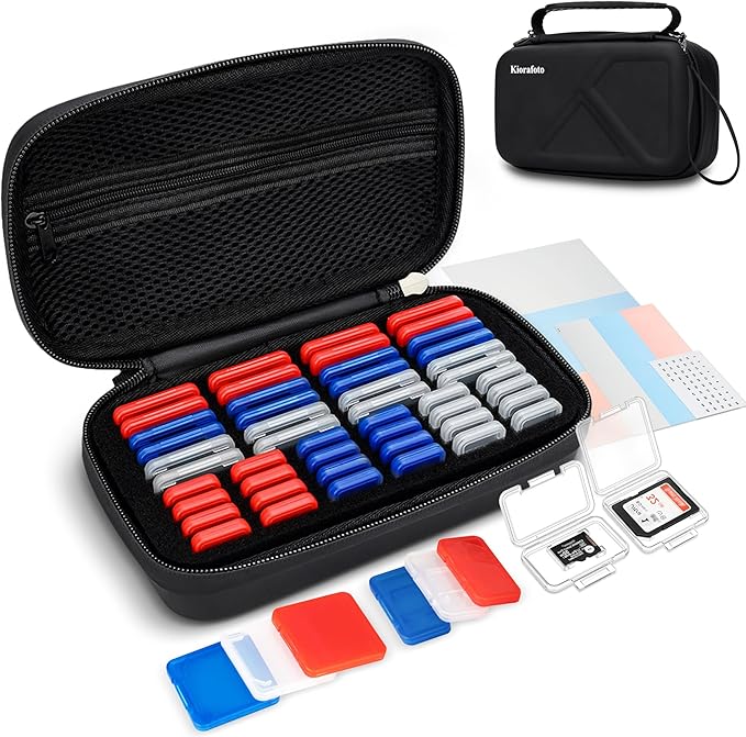 EVA PU Memory Card Case with 48PCS Clear Plastic Memory Card Holder for 24 SD SDHC SDXC & 24 TF MSD Cards,Dual-Protect Water-Resistant Anti-Shock MicroSD SD Card Carrying Organizer with Label