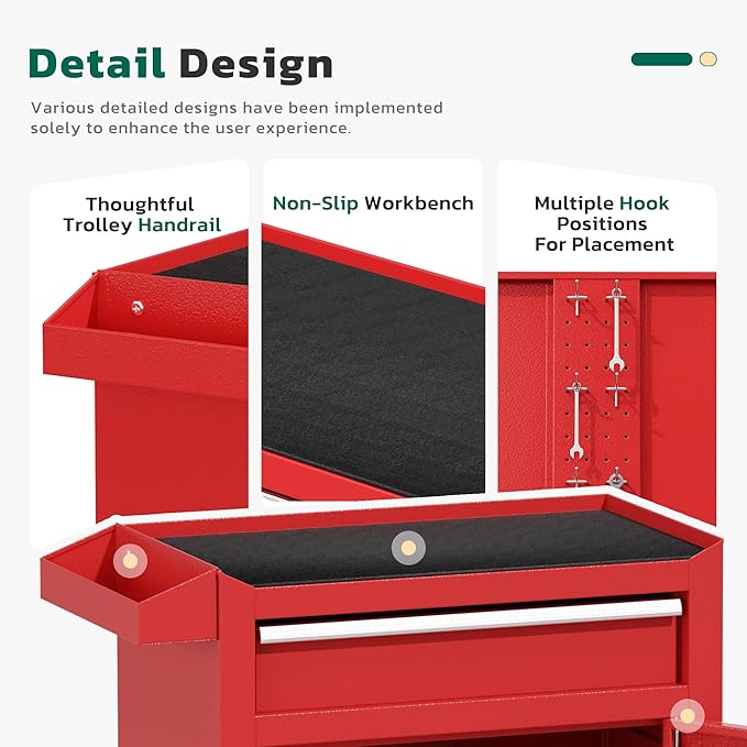 Greenvelly Tool Chest, 5-Drawer Rolling Tool Chest with Hooks and Lockable Wheels,Metal Storage Detachable Top Tool Box with Lockable Wheels for Garage,Workshop,Art Studio(Red)