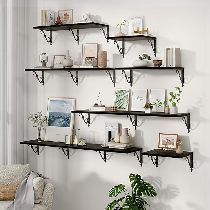Floating Shelves for Wall, 24"W x 12"D Wall Shelves, 12 Inch Deep Floating Shelf with Bracket, 24 Inch Floating Shelves for Living Room and Bathroom, Display & Storage Shelves, Black, Set of 2