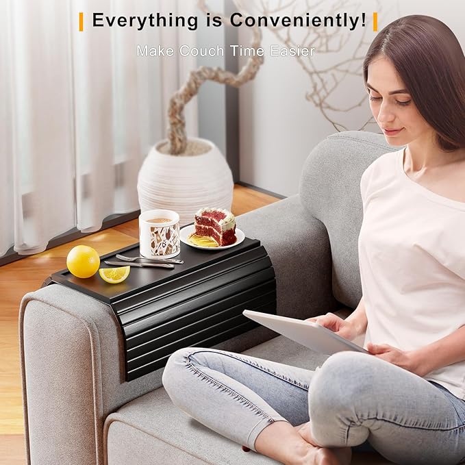 Sofa Arm Rest Tray Table for Couch - 2-in-1 Couch Arm Table with Be Slide Detachable Tray - Anti-Slip Foldable Sofa Armchair Caddy for Drinks Cup Cellphone TV Remote Snacks (Black)