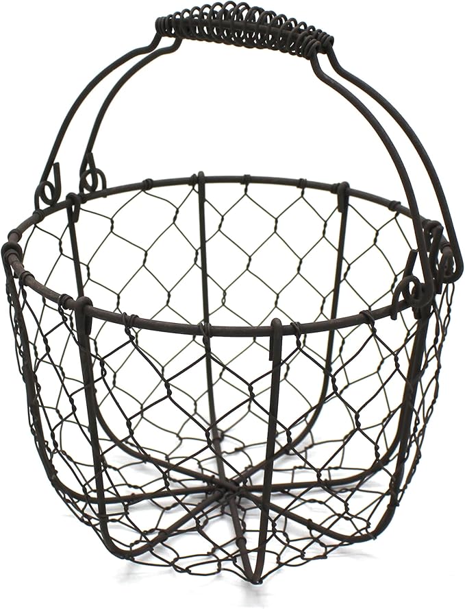 CVHOMEDECO. Round Chicken Wire Egg Basket Fruit Basket with Swing Handles Primitives Vintage Gathering Basket. Rusty