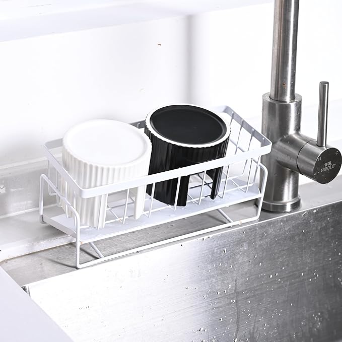Ceramic Sponge Holder for Kitchen Sink - Dishwasher Safe Porcelain Dish Sponge Caddy Minimalist Vertical Stripes, Scrub Daddy Drying Rack for Countertop, Bathroom, Kitchen Sink Organizer, White