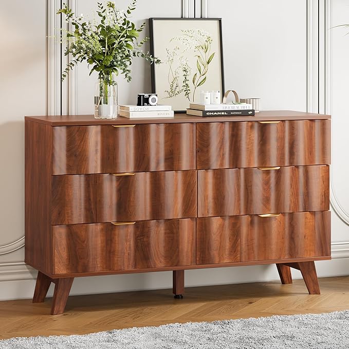 6 Drawer Dresser, Modern Fluted Storage Dresser with Deep Drawers and Metal Handles, Wood Chest of Drawers Storage Organizer for Bedroom, Living Room, Hallway (Walnut)