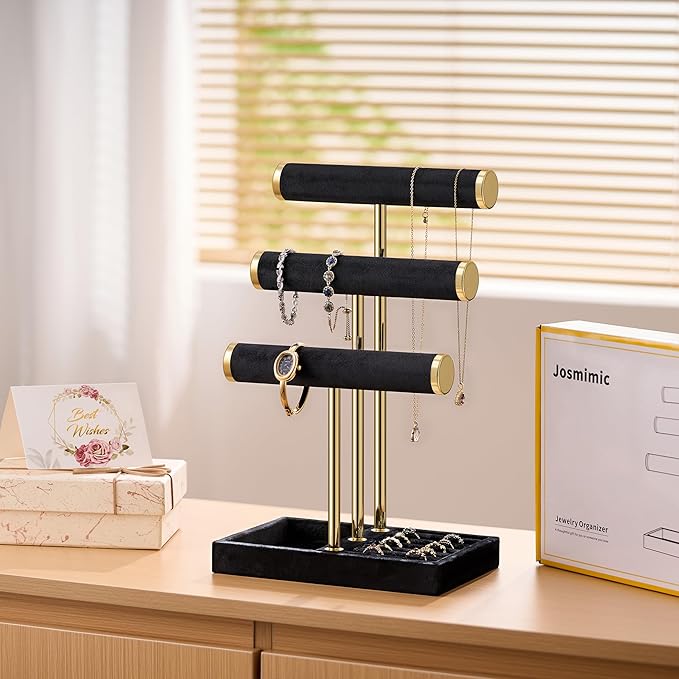 Bracelet Holder Jewelry Organizer Display - 3 Tier T Bar Velvet Stand, Black Jewelry Storage for Bracelet, Necklaces, Earrings, Watches