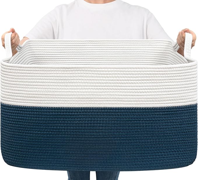 Goodpick Large Storage Baskets for Organizing, Woven Baskets for Storage, Blanket Basket Living Room, Rectangle Dirty Clothes Basket for Laundry, 21.6" x 14.9" x 11.8", Blue