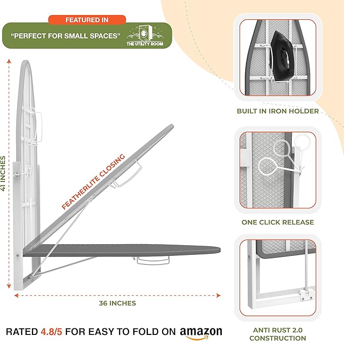 Xabitat Wall Mounted Ironing Board with Iron Holder, 36.2" X 12.2" Compact Mount Fold Down Iron Board for Small Spaces, Space Saving with Cotton Fabric Cover, White and Blue