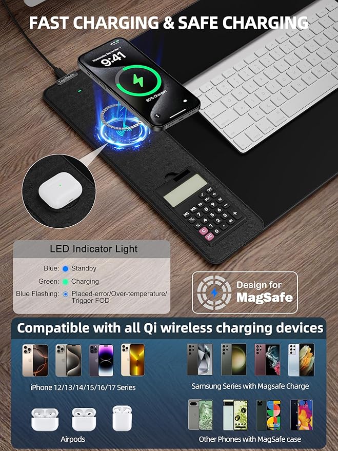TopMade Mouse Pad with 15W Wireless Charging & Removable 8-Digit Solar Calculator, Exact Large Desk Pad, Waterproof Mousepad Home Office Desk Mat (Includes 20W PD Power Adapter & 6.56ft Woven Cable)