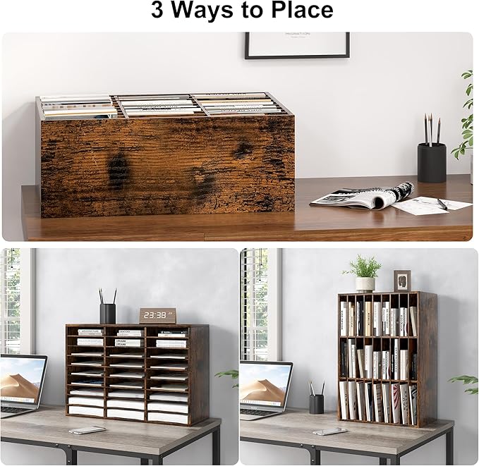 Literature Organizer 27 Slots Wooden Mailboxes for Classroom Office Mail Organizer Countertop Vertical File Sorter with Adjustable Shelves Heavy Duty Office Mailbox Cubbies, Rustic Brown