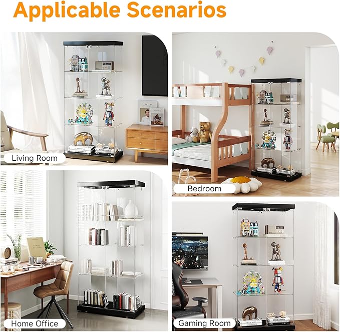 Tempered Glass Display Cabinet with Lights, 4-Tier Curio Cabinet with Glass Doors Wheels Two Locks, Glass Display Case for Collectibles for Living Room, Bedroom, Office, Black, Double Door