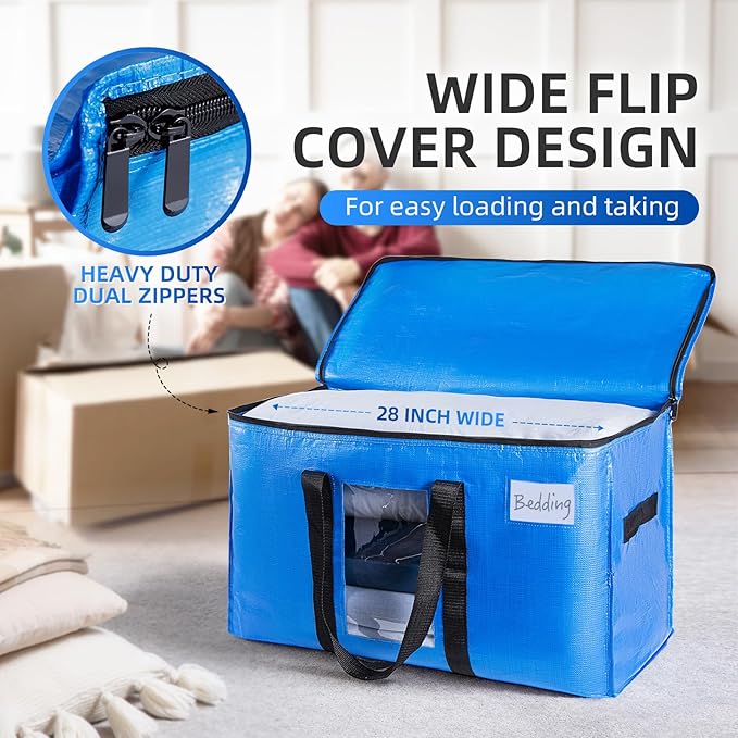 TAILI Extra Large Moving Bags, 10 Pack Blue Heavy Duty Totes for Storage with Visible Window, Wrap Around Handles, Storage Bags for Space Saving, Alternative to Moving Boxes