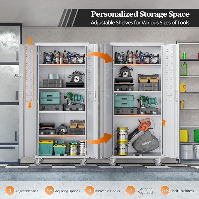 VINGLI 72'' Tall Garage Storage Cabinet, Metal Storage Cabinet with Pegboards, Wheels, Locking Doors and Adjustable Shelves (Gray, 32''W x 16''D x 72''H)