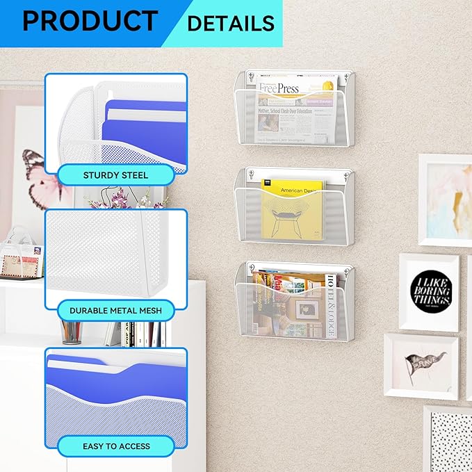 6 Single Pocket Wall File Holder, Mesh Hanging File Folder Paper Organizer, Vertical Wall Mounted Mail Basket, Storage Organization Magazine Rack for Office, Home and School, White