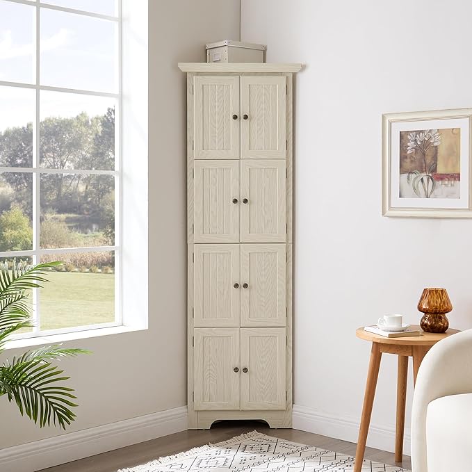 72" H Farmhouse Corner Storage Cabinet with 8 Doors & 4 Shelves, 4 Tier Kitchen Corner Pantry Cabinet Wooden Organizer Case Bookshelf, Home Space Saver Cabinet for Kitchen,Living Room(White)