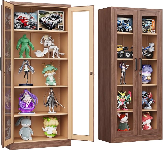 Metal Storage Cabinet with Lock and Glass Doors,Glass Display Cabinet,Tall Storage Cabinets,Locking Curio Cabinets with 5 Shelves for Collectibles,Home,Office,Living Room