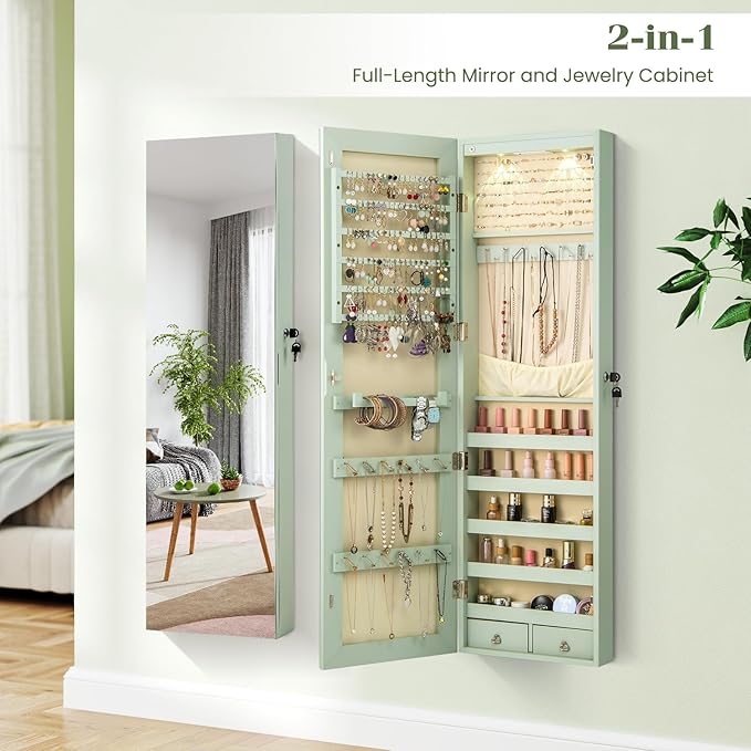Giantex Wall Door Mounted Jewelry Armoire Cabinet with 47.5" Full Length Mirror, 2 LEDs Lockable Jewelry Organizers and Storage with 2 Drawers, Over the Door Jewelry Organizer Cabinet (Sage)