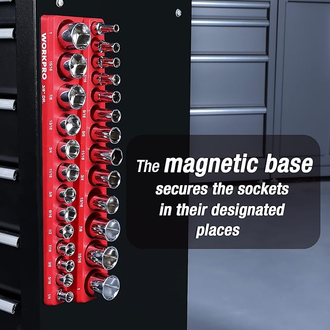 WORKPRO Magnetic Socket Organizer, 3/8-Inch SAE Socket Holder, Socket Trays Holds 26 Pieces Standard Size and Deep Size Sockets(Sockets not Included)