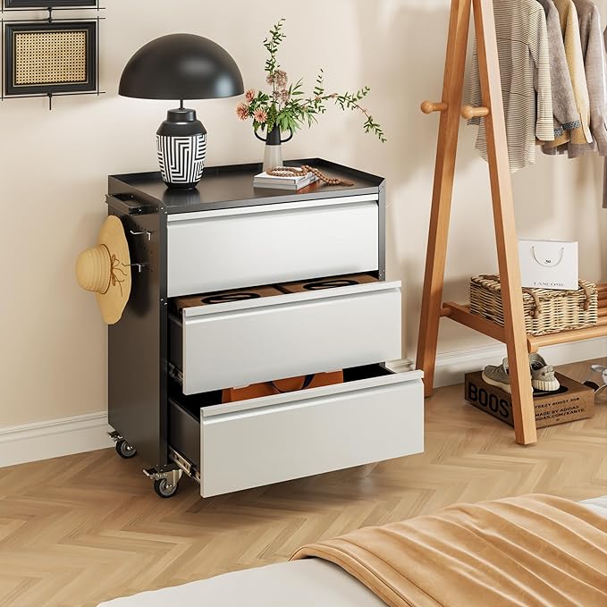Aobabo Metal Garage Storage Cabinets with Wheels, Steel Cabinet with Drawer, 3 Drawers Rolling Tools Chest with Hooks for Garage, Warehouse, Home, Assembly Required, Black Silver