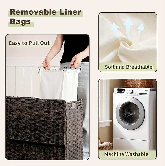 Laundry Hamper with Lid, 110L (29.1 Gal) Rattan Laundry Hamper 2 Section with 50L (13.2 Gal) Storage Shelf, Wicker Woven Laundry Sorter Basket with 3 Liner Bags and Handles, Brown GLH002BR