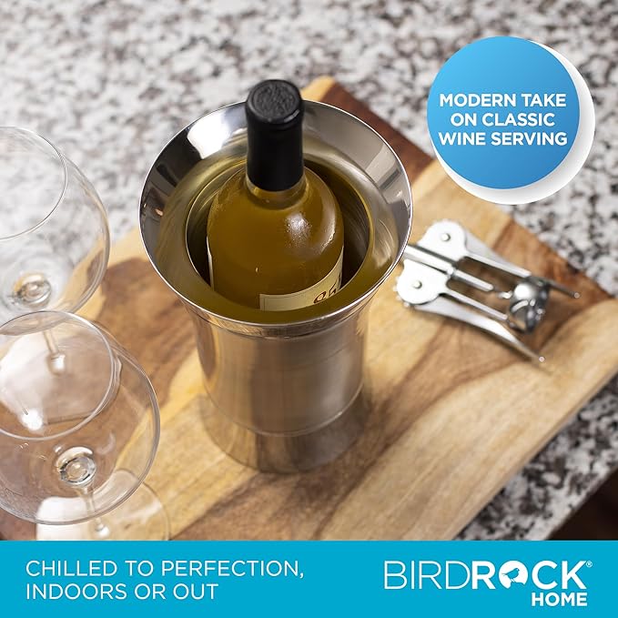 BirdRock Home Stainless-Steel Wine Chiller - Elegant Double Wall Bucket - Single Insulated Bottle Holder - Wine or Champagne Cooler for Table - Wine Accessories - Indoor or Outdoor - Silver