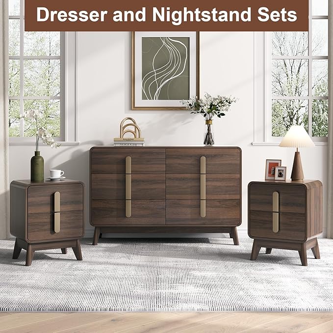 Nightstands Set of 2, Mid Century Modern Nightstand with Drawers, Bedside Tables with Solid Wood Legs, End Side Tables for Bedroom, Small Space,Walnut