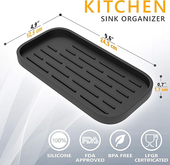 ZAPPOWARE Kitchen Sink Organizer | Silicone Sponge Holder - Storage Tray for Dish Sponge, Soap Dispenser, Scrubber 9.6"x 4.9" (Black)