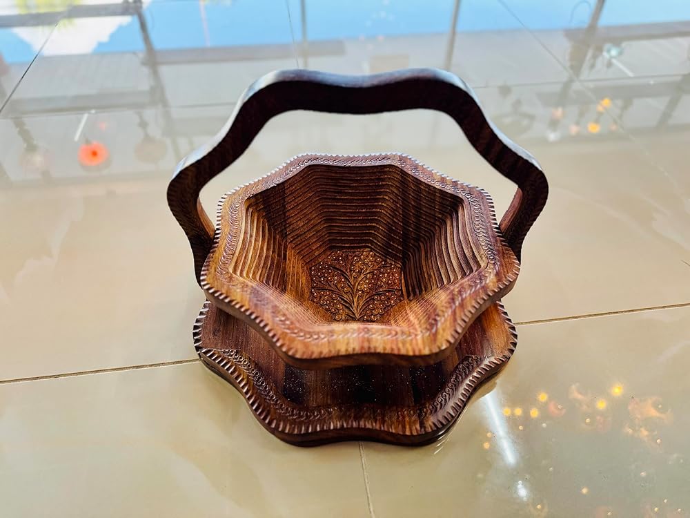 Handmade 14″ Collapsible Wooden Basket, Single Bowl Flower Design in Himalayan Rosewood, Fruit Basket, Bread Bowl & Trivet, Folds Flat for Easy Storage – Unique Centerpiece & Gift