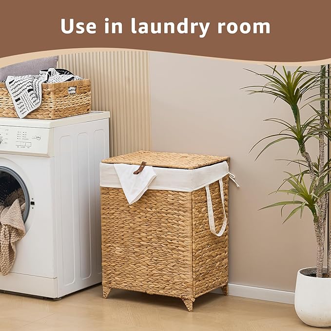 Laundry Hamper with Lid and Removable Liner Bag, Handwoven Natural Hyacinth Clothes Hamper with Heightened Feet, Wicker Laundry Basket for Clothes and Towels，Middle
