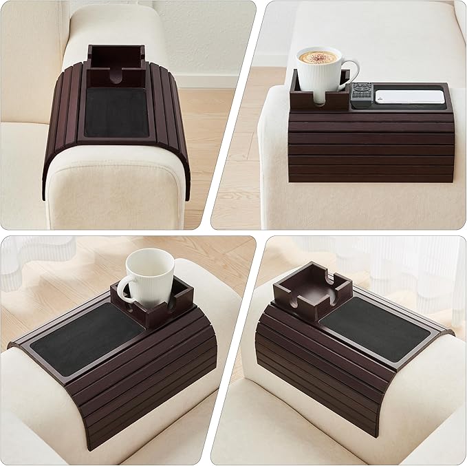 Bamboo Couch Cup Holder, Foldable Sofa Arm Tray, Anti-Slip Couch Aremrest Tray Table for Drink, Cup, Remote, Snacks, Cellphone, Portable, Mahogany