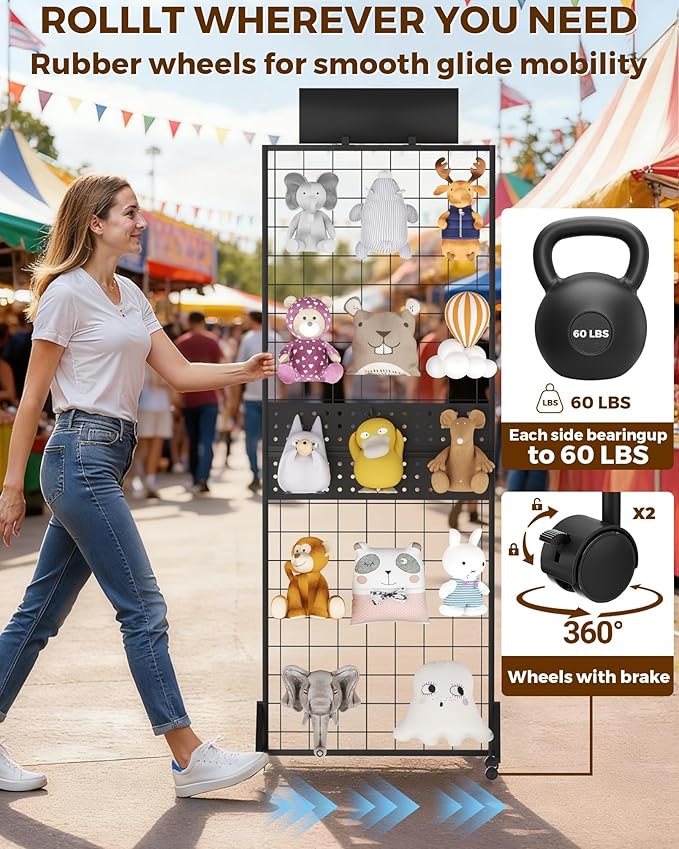 6' x 2' Ft Grid Wall Panel, Pegboard Gridwall Display Stand with Notice board, Sturdy Floorstanding Wire Grid Rack, Movable Silent Wheel for Home Organization Retail Trade Art Craft Show Vendor