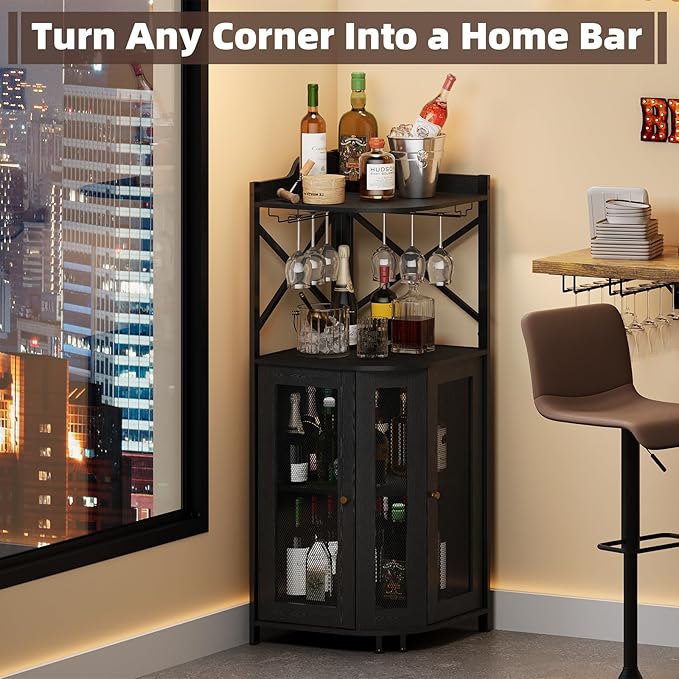 JKsmart Corner Bar Cabinet with Glass Holder, 4-Tier Industrial Wine Bar Cabinet with Door, Liquor Cabinet Bar for Home, Farmhouse Corner Storage Cabinet with Shelf for Coffee Bar, Black