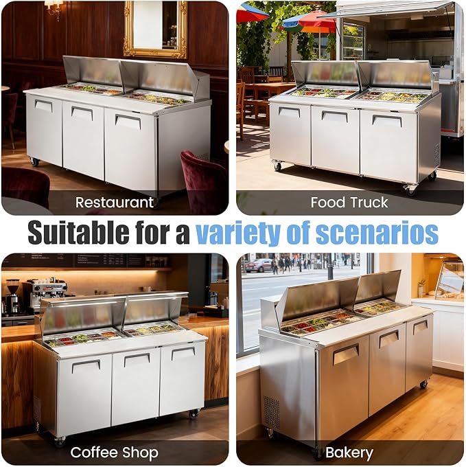72" W Commercial Refrigerator Sandwich Salad Prep Table, Stainless Steel 3-Door Sandwich Prep Table Refrigerator, Counter Fan Cooling Refrigerator with 18 Pans for Restaurant, Bar