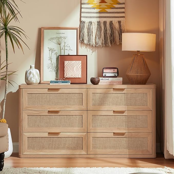 LEYAOYAO Rattan 6 Drawer Dresser for Bedroom Set of 2, Boho 54" Wide Natural Wood Dresser Chest of Drawers, Dressers TV Stand with Metal Handle, Storage Dressers Closet Organizer for Living Room