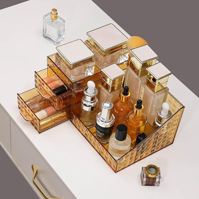 Clear Makeup Organizer for Vanity,Desk Makeup Caddy With Drawers for Cosmetics,Lipsticks Nail Care Skincare Jewelry Countertop Organizers,Cosmetic Display Cases for Bathroom, Dresser (Amber)