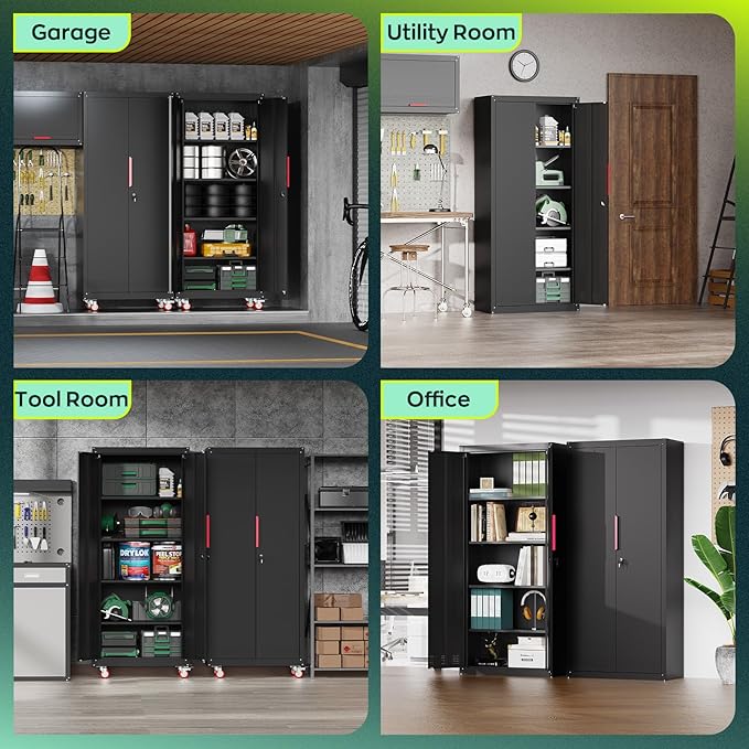 71" H Garage Storage Cabinet with Wheels,Metal Cabinets with 4 Adjustable Shelves and 2 Locking Doors for Garage,Home,Office,Shop,Black