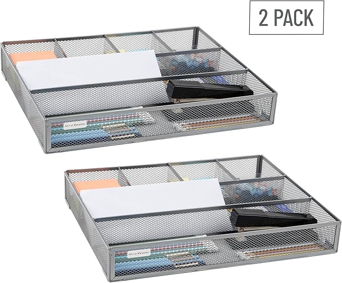 Mind Reader Drawer Organizer, Desk Org, Utensil Organizer, Office, Kitchen, Metal Mesh, Set of 2, Silver