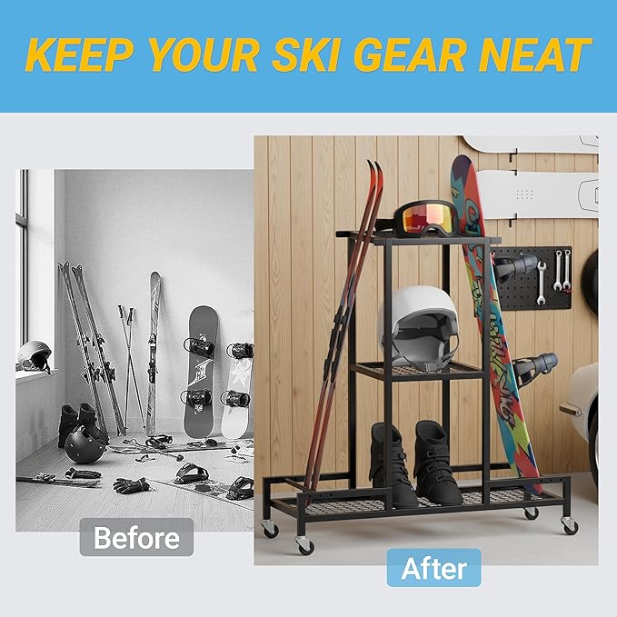 Standing Ski Storage Rack, Holds Snowboards & Skis, 3-Tier Organizer for Gear, Black - Ski Rack for Garage