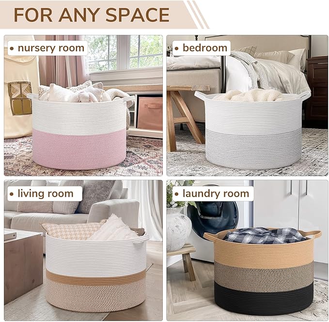 INDRESSME 115L Extra Large Cotton Rope Basket, Woven Baby laundry Blanket Basket for Home Decor Living Room Nursery, Toy Storage Baskets for Kids Boys Girls, White & Camel Mix