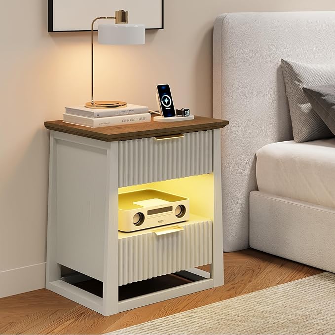 HIFYOBRO Fluted Nightstands with Charging Station & Motion Sensor Light, Modern Bedside Tables with 2 Drawers and Storage Shelf for Bedroom, White