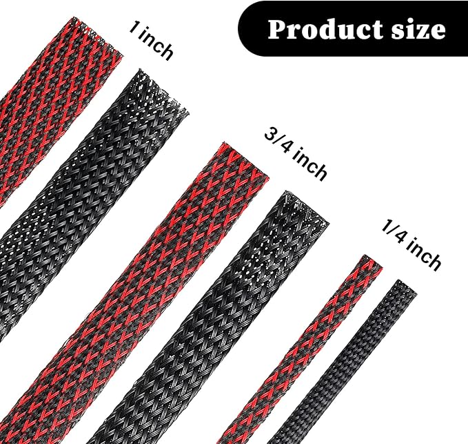 Xuniea 96ft Wire Loom Braided Cable Sleeve Covers Cord Management with 127 Pcs Tube Heat Shrinkable for Audio Video Cable Cord Protectors from Pets(1/4, 3/4, 1 Inch,Black and Red)