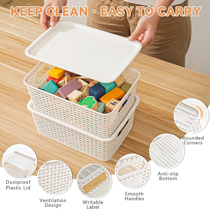 10 Pack Plastic Storage Bins with Lids, Stackable Storage Baskets with Handles, Plastic Organizer Bins with Labels for Desk,Shelves,Office, PlasticContainer Bins for Pantry Organizers and Storage