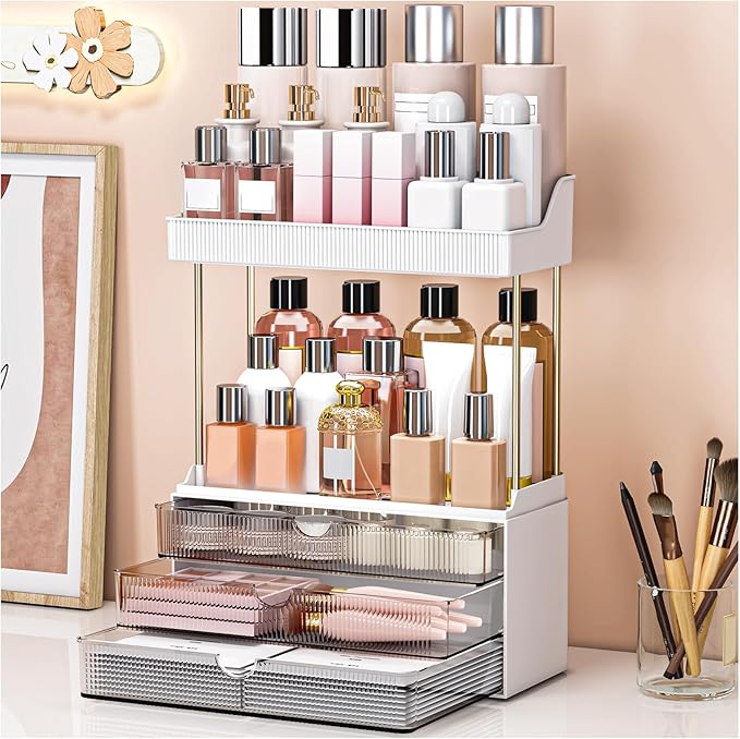 Bathroom Organizers and Storage - 3 Drawers 2 Tier Makeup Organizer, Cosmetic Storage Drawer for Dresser Countertop and Bathroom Vanity for Large Skincare, Perfume, Grey