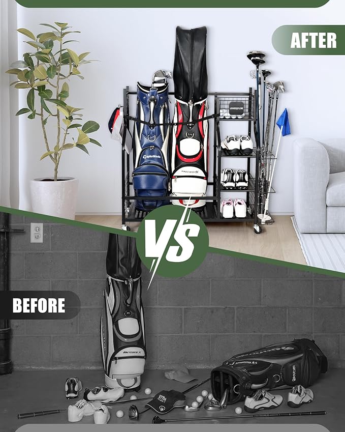 Golf Bag Storage Organizer Rack for Garage, 2 Golf Bag Stand with Rolling Wheels, Heavy-Duty Metal Golf Equipment Organizer for Home, Garage, Clubhouse