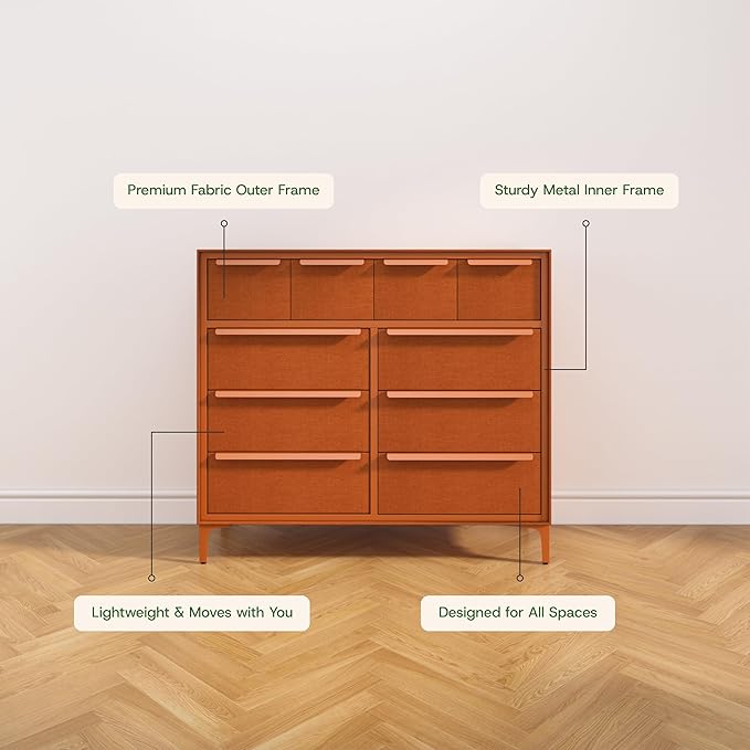 Naima Premium Fabric Dresser - Strong Metal Frame, 10 Spacious Sag-Proof Drawers with Sleek Metal Handles - Premium & Durable Storage Solution for Your Home (Orange)