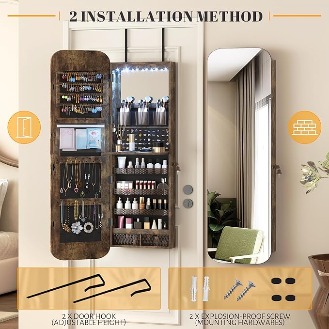 Vlsrka 47.2" LED Mirror Jewelry Cabinet, Wall/Door Mounted Full Length Mirror with Storage, Lockable Jewelry Armoire with Mirror, Rounded Corner Hanging Mirror Jewelry Organizer, Rustic Brown