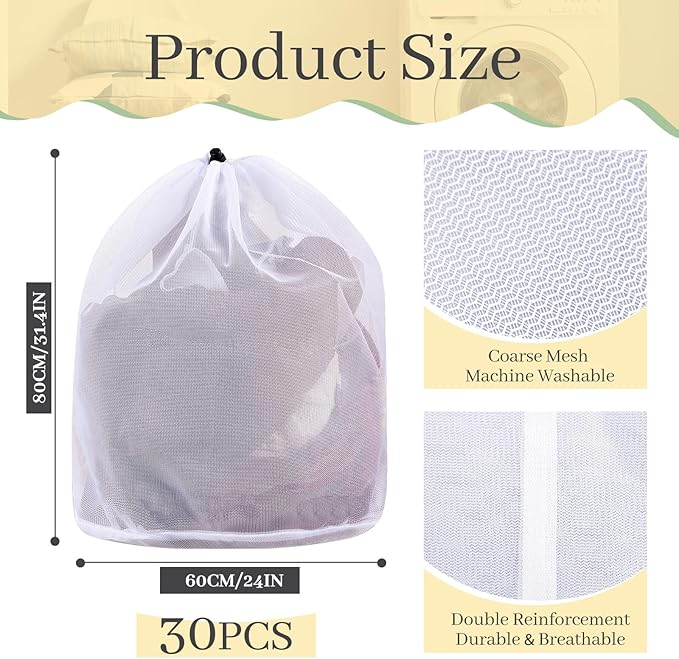 18 Pcs 24 * 32 Inches Fine Mesh Laundry Bag with Drawstring Large Heavy Duty Mesh Bag Machine Washable Sheet Drawstring Net for Delicates College Dorm