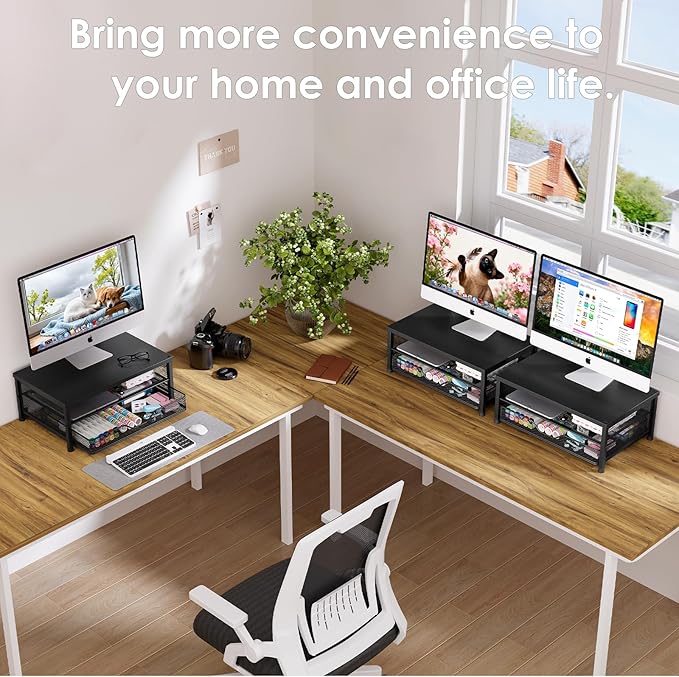 OPNICE Computer Monitor Stand Riser, Desk Organizers and Accessories with Drawer, Laptop Stand, Office Desk Accessories & Workspace Desktop Organizers Storage for Office Supplies(Black 2-Pack)