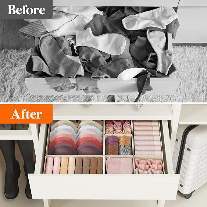 Lifewit 24 Pack Drawer Organizer, Dresser Underwear Drawer Organizer Bins, Foldable Fabric Closet Organizers, Storage Drawer Dividers, Dorm Room Essentials for Clothing, Socks, Towels, Ties Khaki