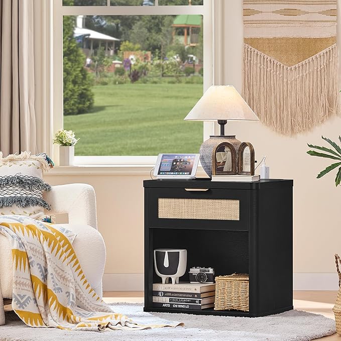 LEYAOYAO Rattan Nightstands Set of 2 with Charging Station, Black Night Stand with Drawer, 23" Wide Boho Bedside Table with Storage Shelf, Bed Side End Tables for Bedroom, Living Room, Hallway