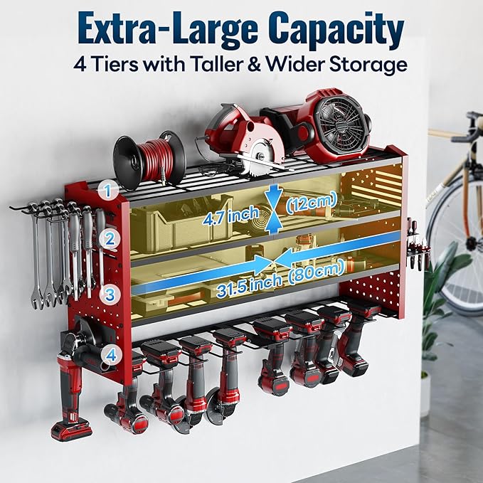Tomorotec 4-Layer Wall-Mounted Power Tool Storage Rack, Heavy-Duty Steel Drill Organizer with Adjustable Shelves & Side Hooks for Toolbox, Easy Installation Garage & Workshop Storage (Red)