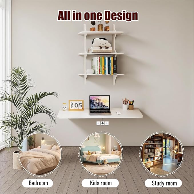 Pmnianhua Wall Mounted Folding Table, 31'' Floating Laptop Desk with Shelves, Foldable Drop Leaf Table, Wall Mount Fold Down Table for Laundry Room Kitchen Bar Home Office Small Space(White)